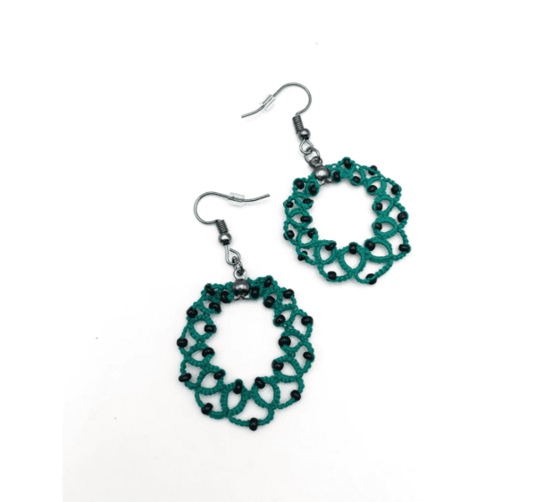 Green Lightweight Tatted Earrings. Handmade Lace Jewellery. Retro Beaded Pendant. Victorian style earrings. skin safe steel.