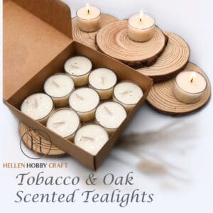 Tobacco and Oak Scented Tealights. Luxury Handmade Tealights. Strong aroma for house. Long lasting home freshener. Lovely high smell. Amazing Gift Box.